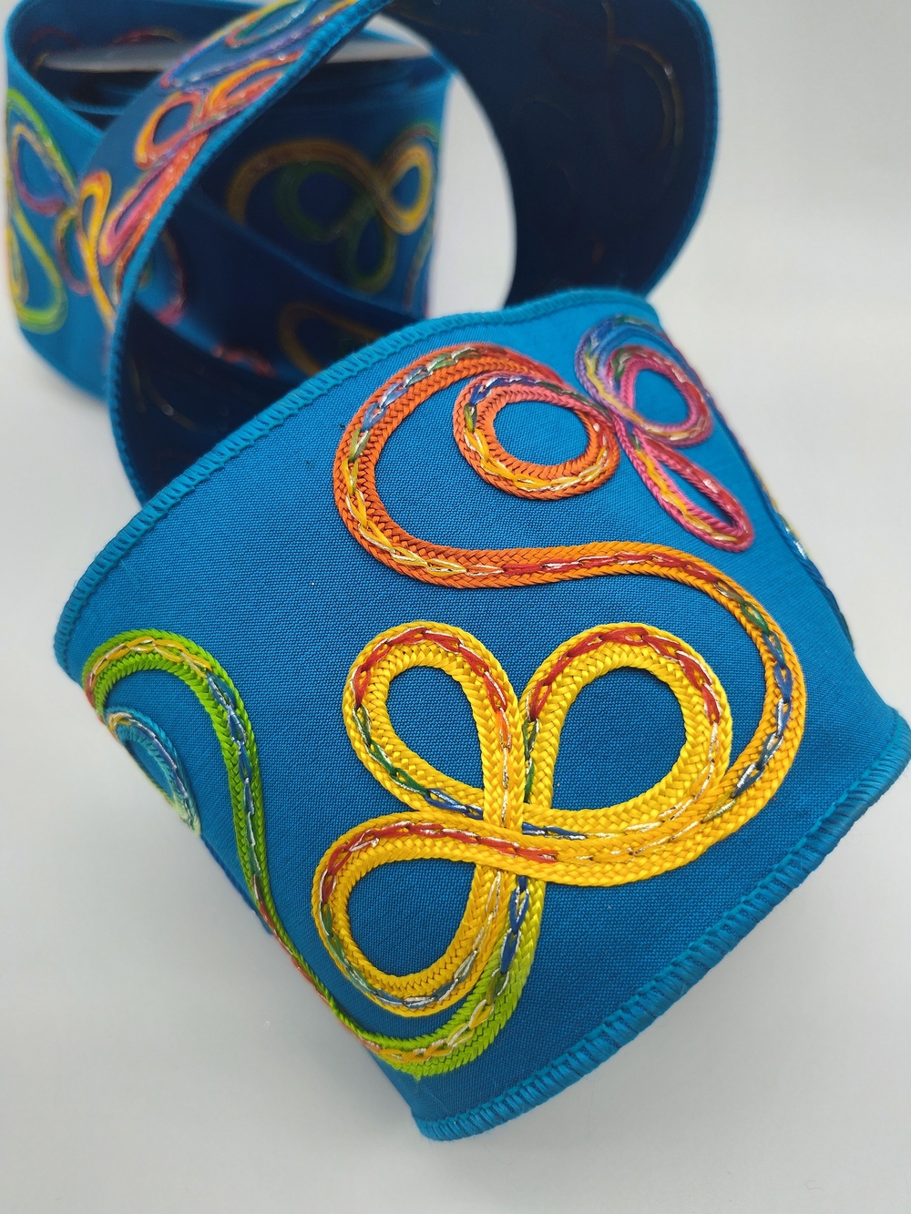 FARRISILK Embroidered Cord Ribbon Blue Multicolor Wired 4" 10 Yards NWT - Picture 3 of 6